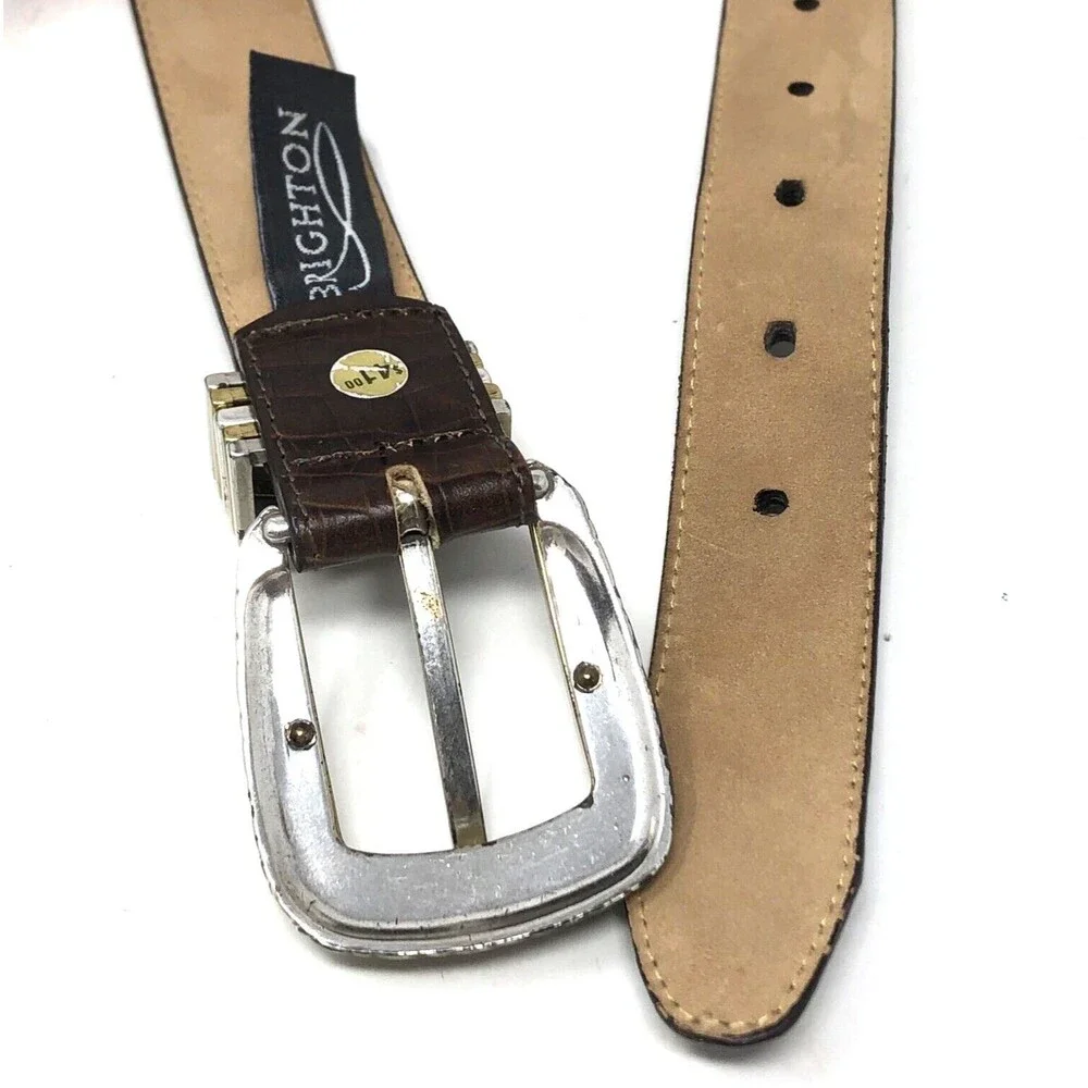 Brighton Croc Embossed Leather Belt Womens M/30 Brown Silver Gold Buckle Glam